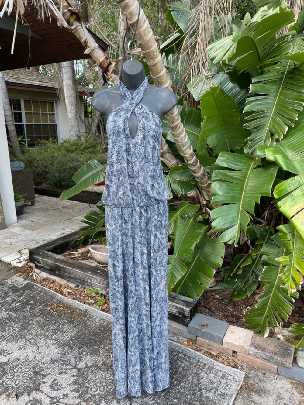 snake print halter drop waist  wide leg jumpsuit